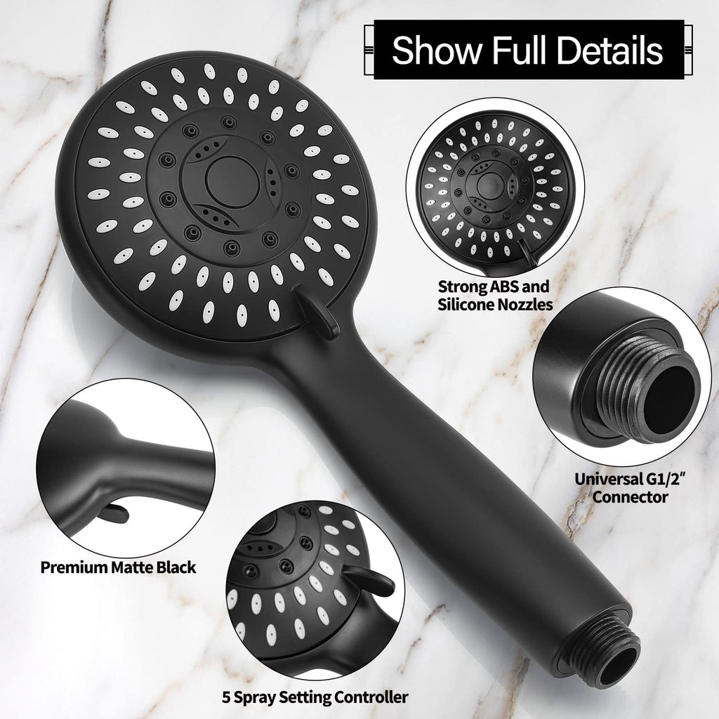 Handheld Shower Head High Pressure 5-Settings with Hose, Matte Black