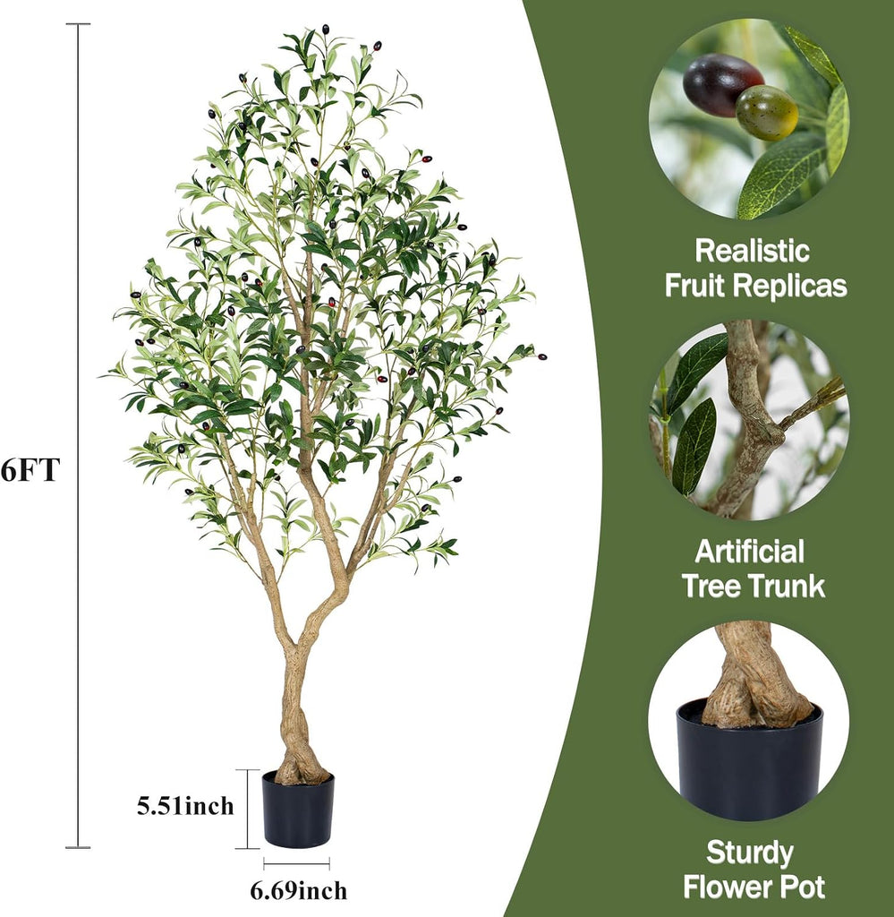 6FT Olive Trees Artificial,Tall Faux Olive Tree with Lifelike Branches and Realistic Olives, Lush and Elegant Fake