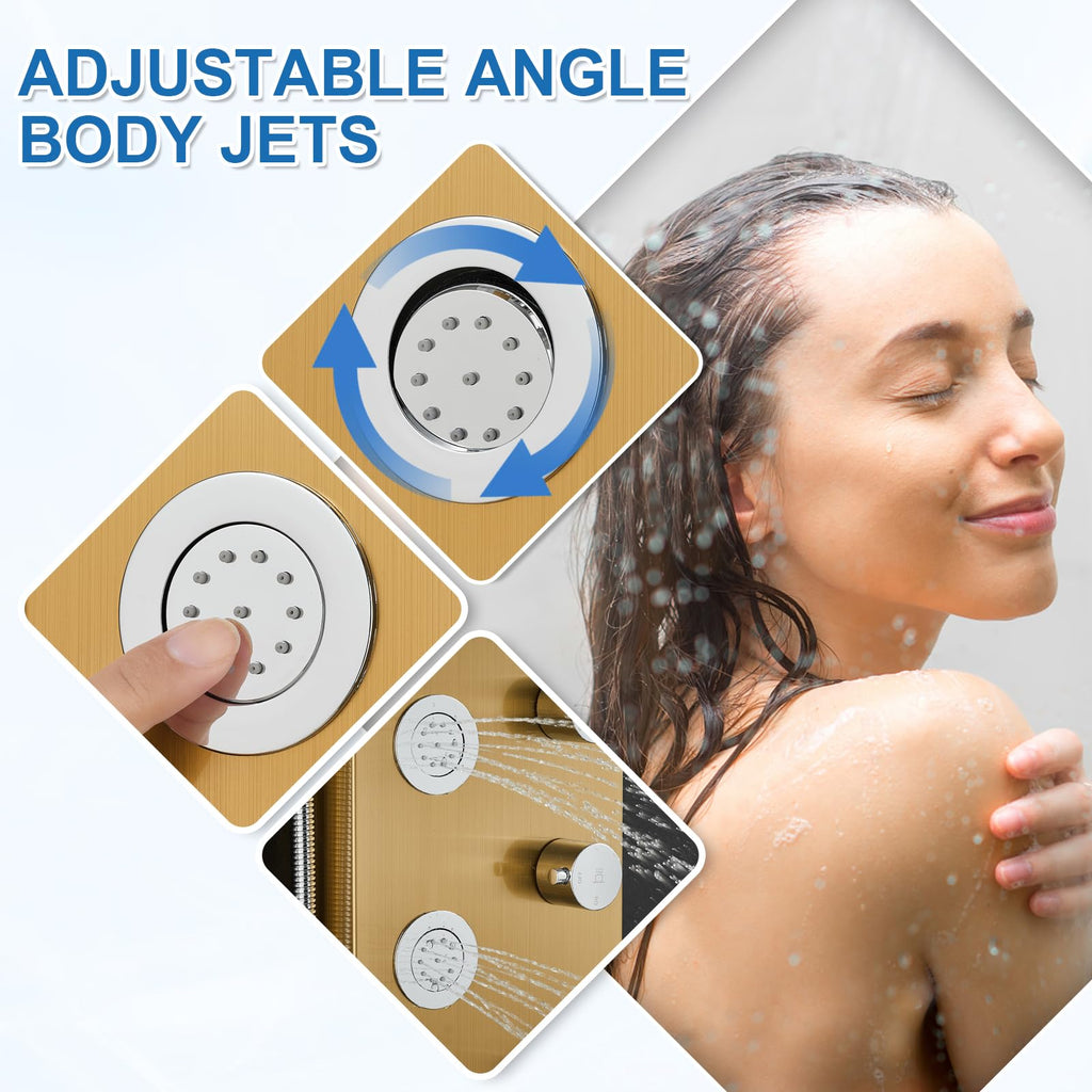 Shower Panel Tower System with Rainfall & Waterfall Shower, 5 Body Jets, 3-Function Handheld, 304 Stainless Steel