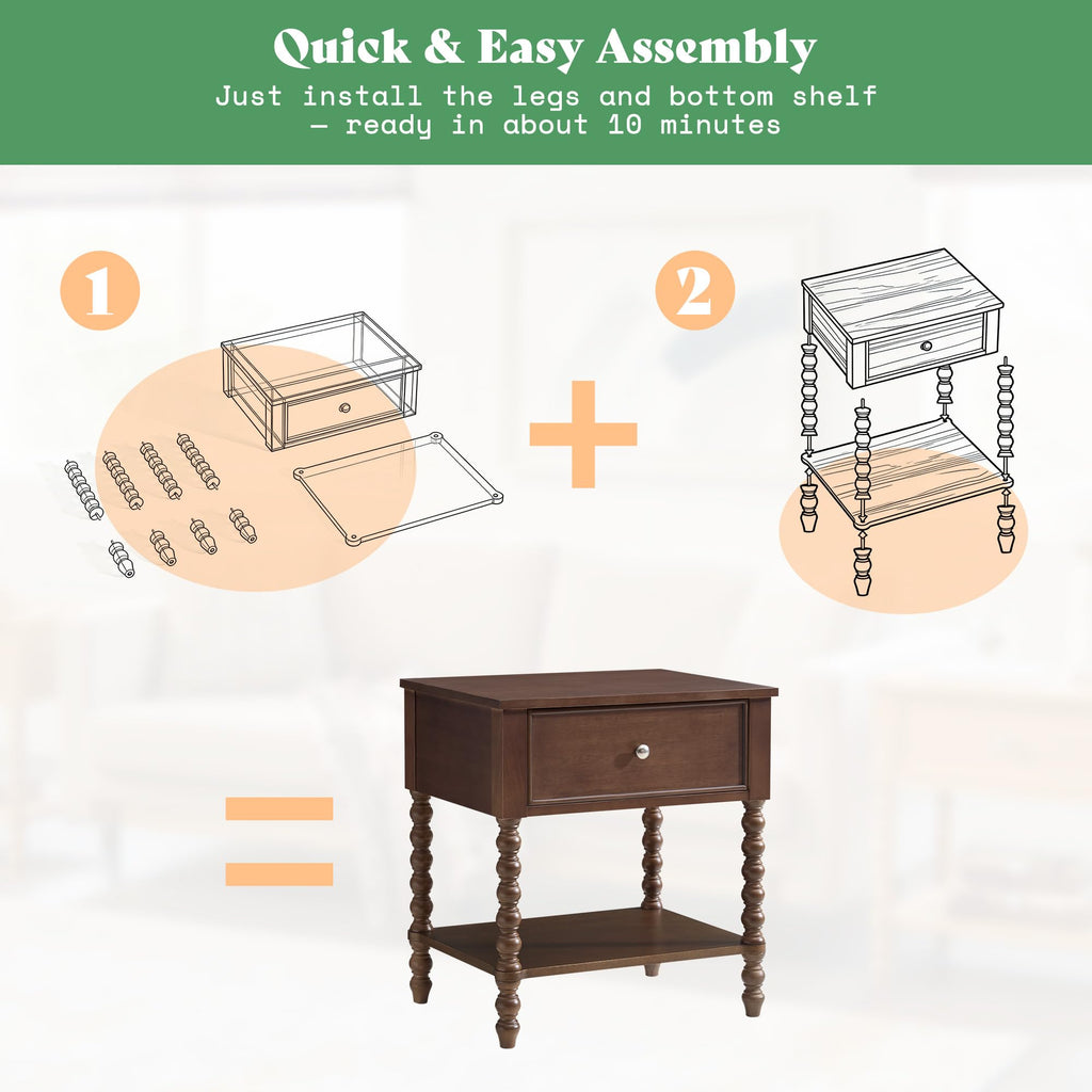 Walnut Nightstand Set of 2, Solid Wood Bedside Table, Dark 24"