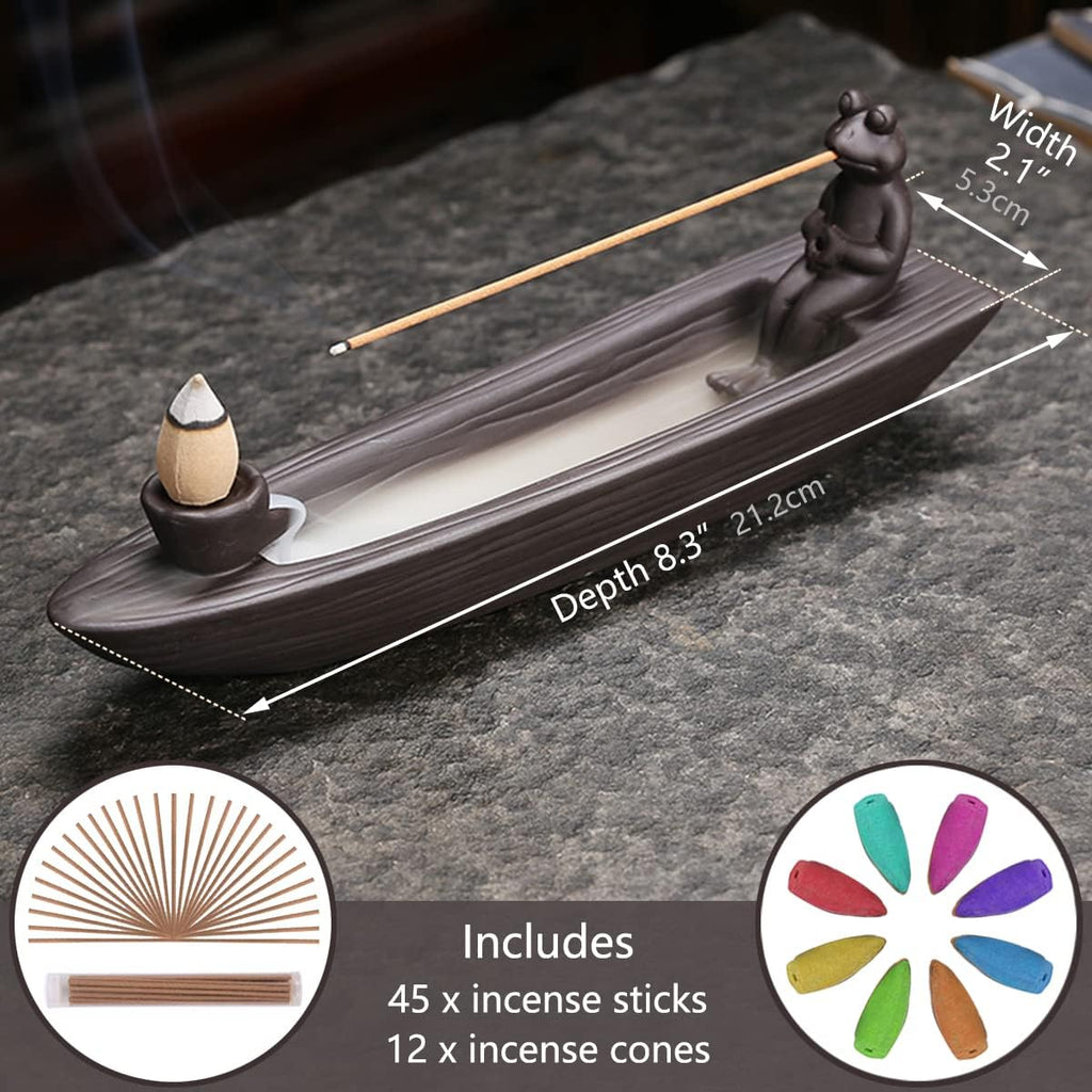 Frog Incense Holder Waterfall - Ceramic Cone Backflow Incense Burner Smoke Fountain, Back Flowing Incense Diffuser - Set of 54