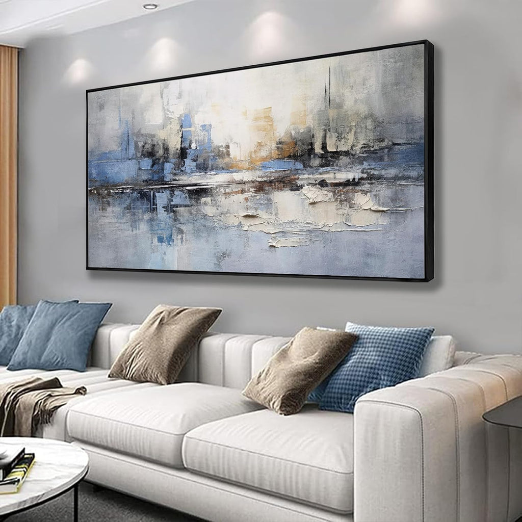Abstract Wall Art Blue and White Reflection Large Size Framed Artwork Wall Decor Canvas Painting Stretched Canvas