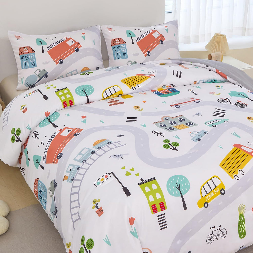 Twin Comforter Sets for Boys 3-Piece Cartoon Cars Kids Bedding Sets Soft and Lightweight White Construction Comforter