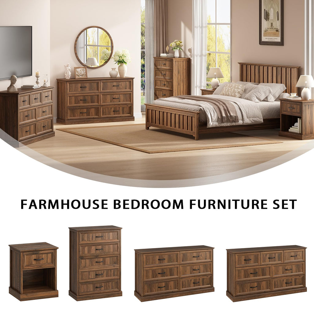Farmhouse 7 Drawer Dresser, 55" Walnut Dresser with TV Stand