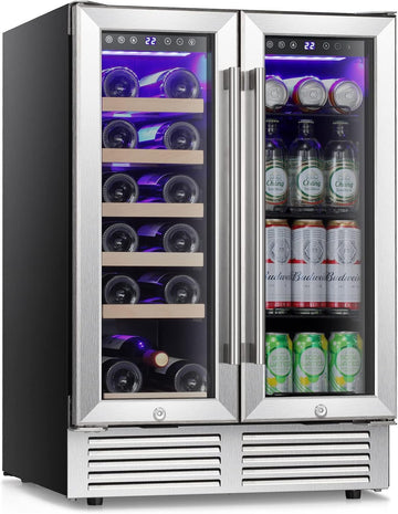 Wine and Beverage Refrigerator, 24 Inch Dual Zone Wine Cooler with Glass Door