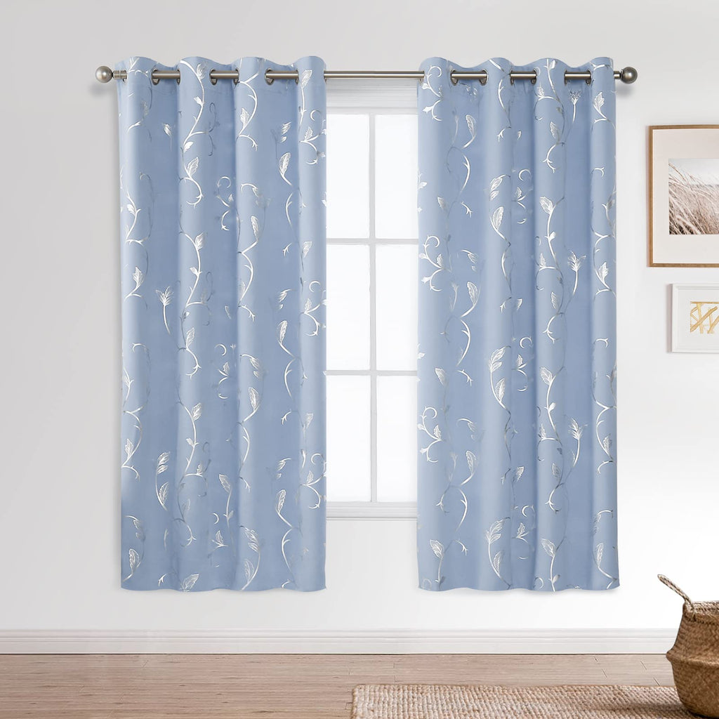 Blue Blackout Curtain 2 Panel Set Vine Foil Print Thermal Insulated Drapes Room Darkening Curtains Grommet Window