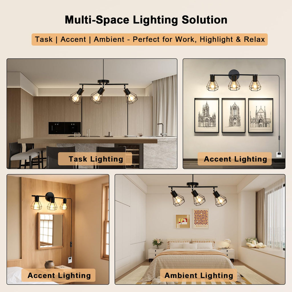 Track Lighting Plug in, 3-Light Directional Ceiling Fixture, Black