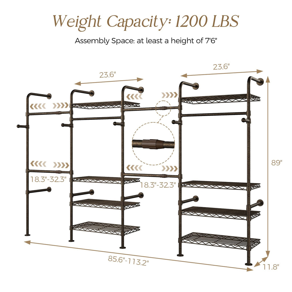 Wall Mounted Closet System, 4-Row Heavy Duty Garment Rack, Black and Gold