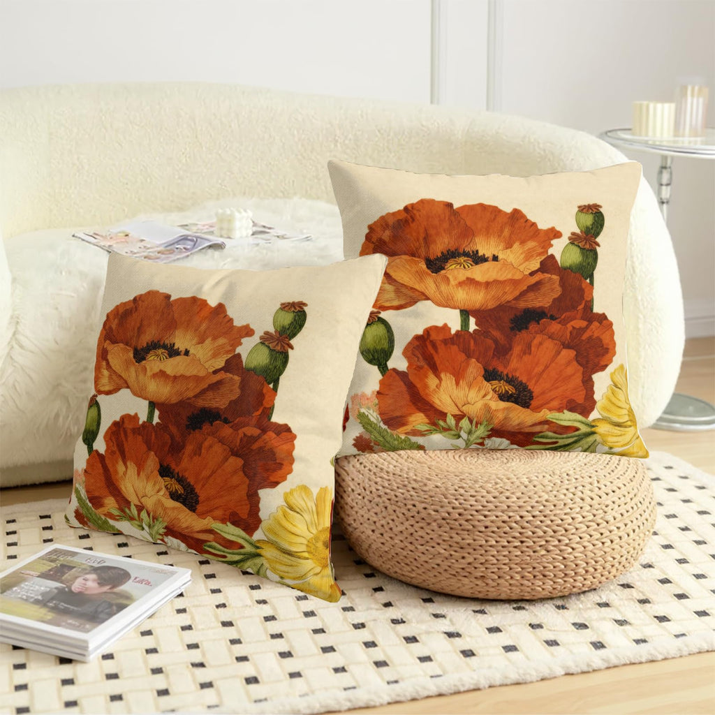 Retro Poppy Pillow Covers Red and Yellow Flower Pillowcases Rustic Botanical Floral Throw Pillow Covers 20x20 Set of