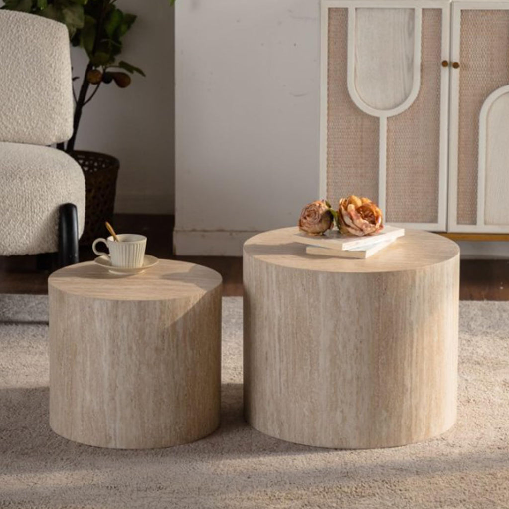 Nesting Coffee Table Set of 2, Modern Round Wooden Coffee Tables, Accent End Side Table for Small Space Living