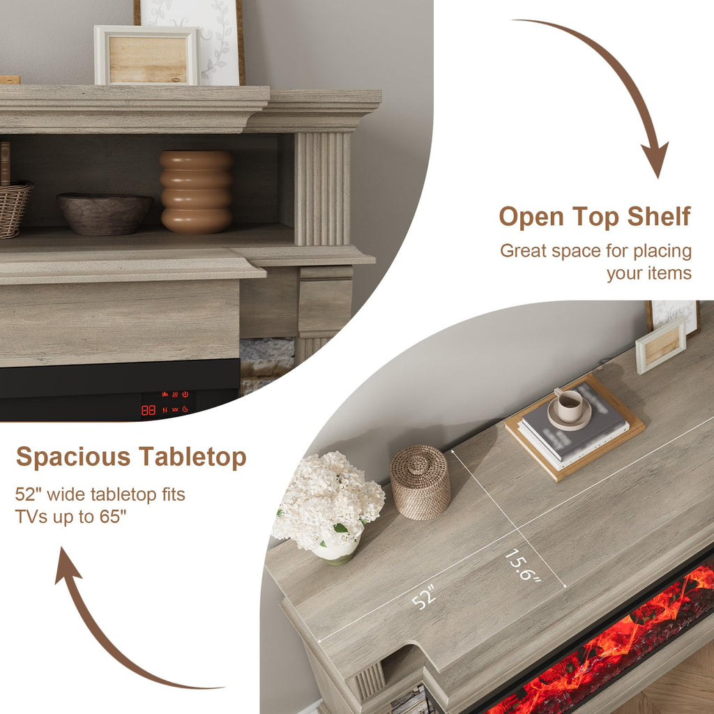 Fireplace TV Stand for TVs up to 65", Farmhouse 52" Fireplace Entertainment Center with 36" 3-Side Glass Electric
