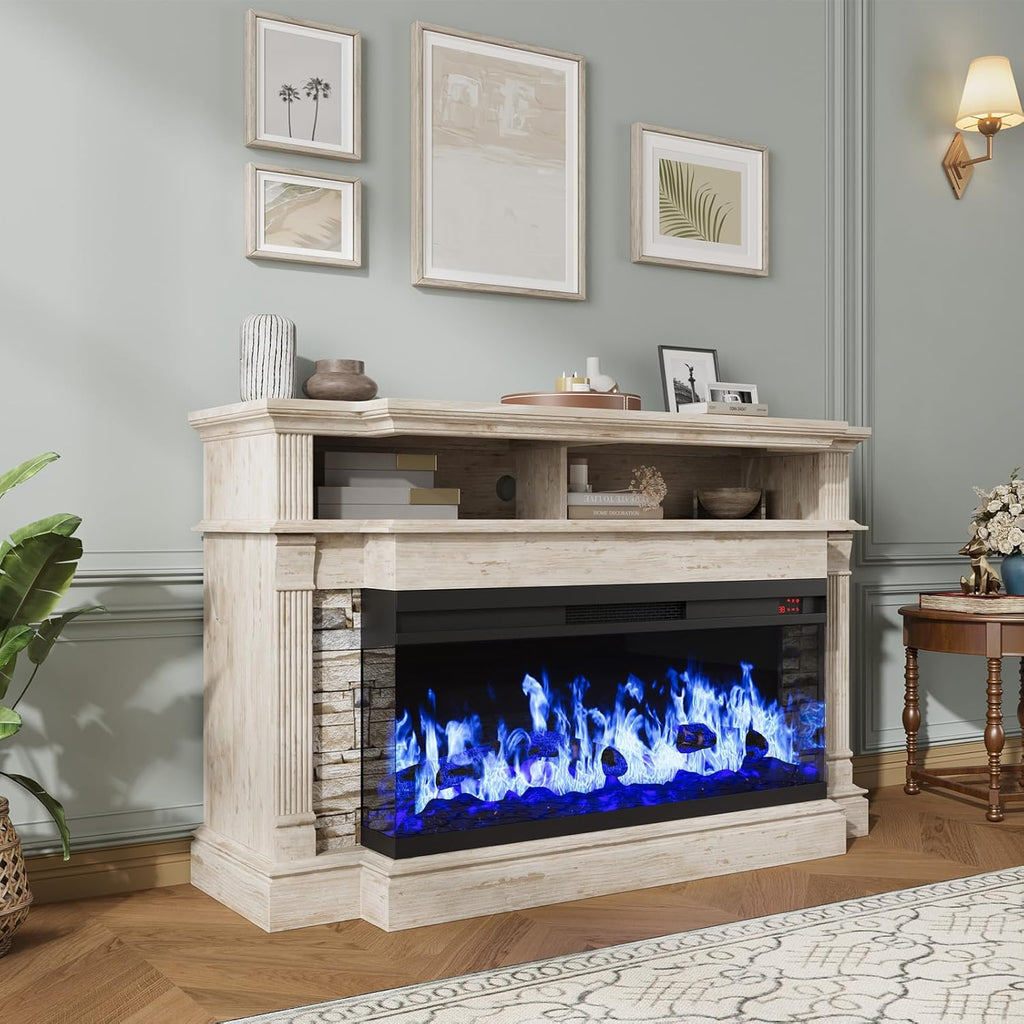 Fireplace TV Stand for TVs up to 65", Farmhouse 52"Fireplace Entertainment Center with 36" 3-Side Glass Electric