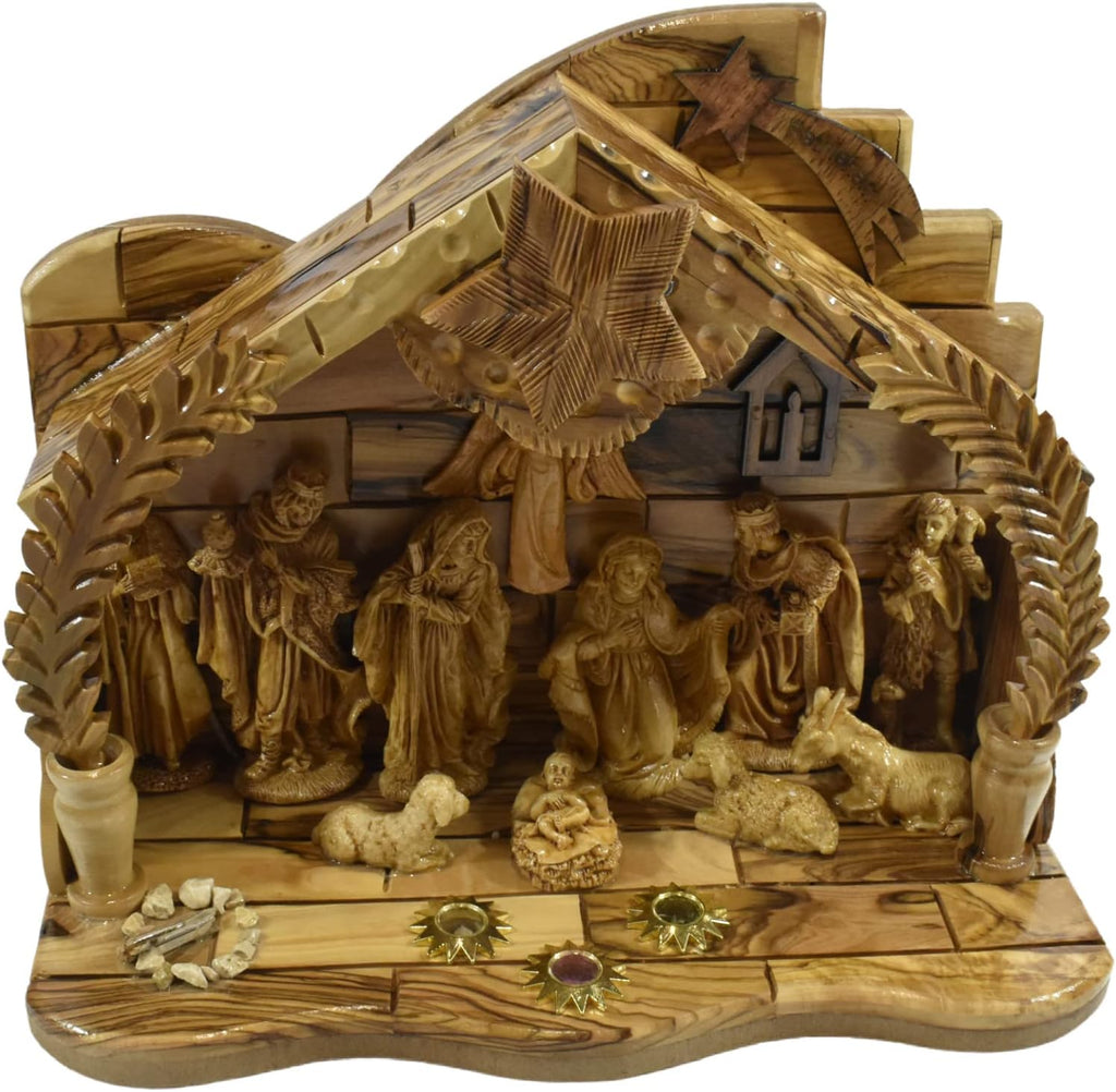 Wooden Bethlehem Nativity Set - Handcrafted Olive Wood Christmas Manger Scene with Music Box - Authentic Holy Land