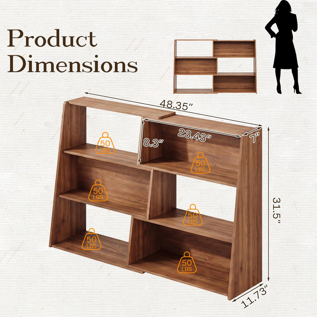 Extendable Bookshelf, Adjustable Low Bookcase, Walnut