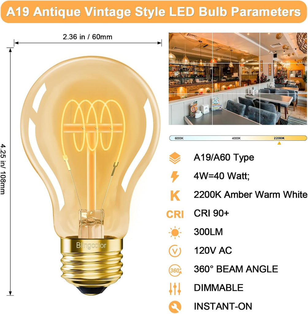 A19 Vintage LED Edison Light Bulbs 40 Watt, 4-Pack Dimmable A19 4W 2200K Amber Warm Light Bulbs, E26 Base, 4W Equal