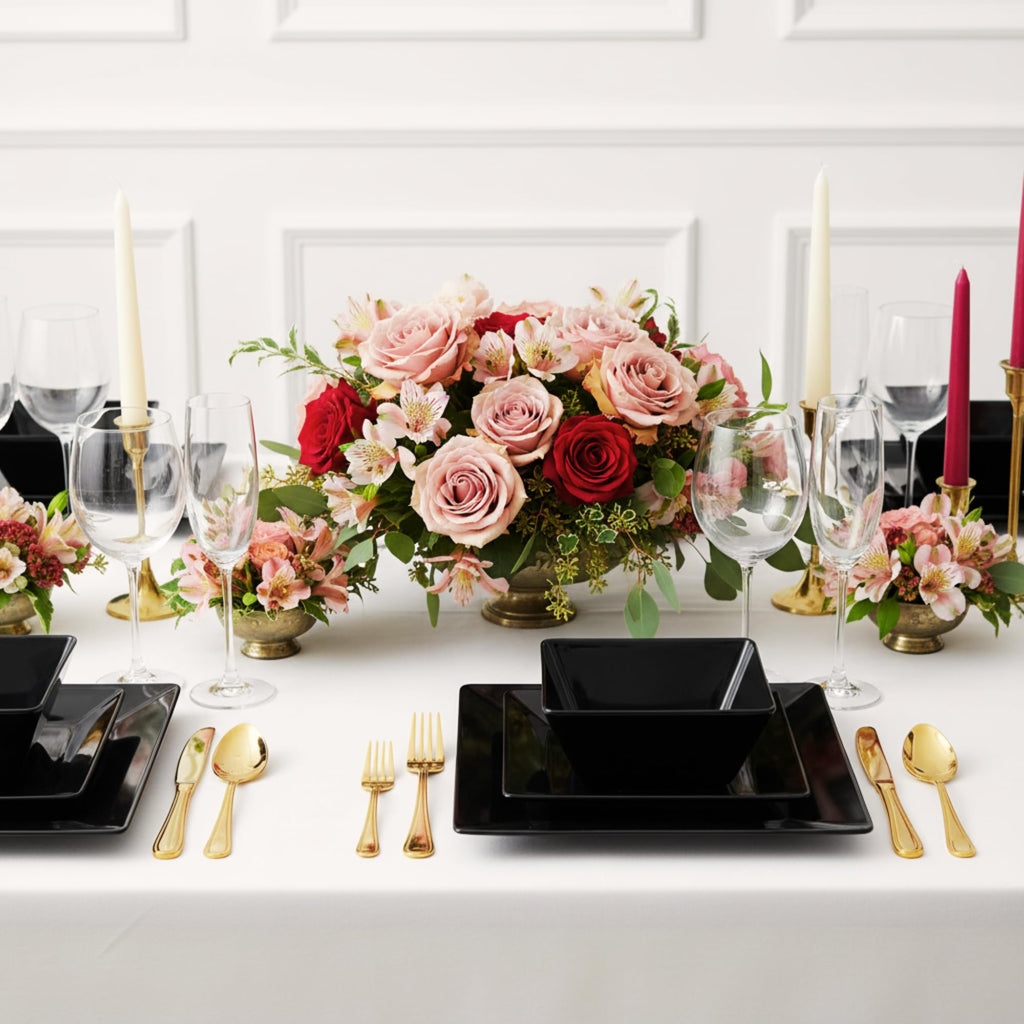 TP 12-Piece Melamine Dinnerware Sets, Square, Service for 4, Black