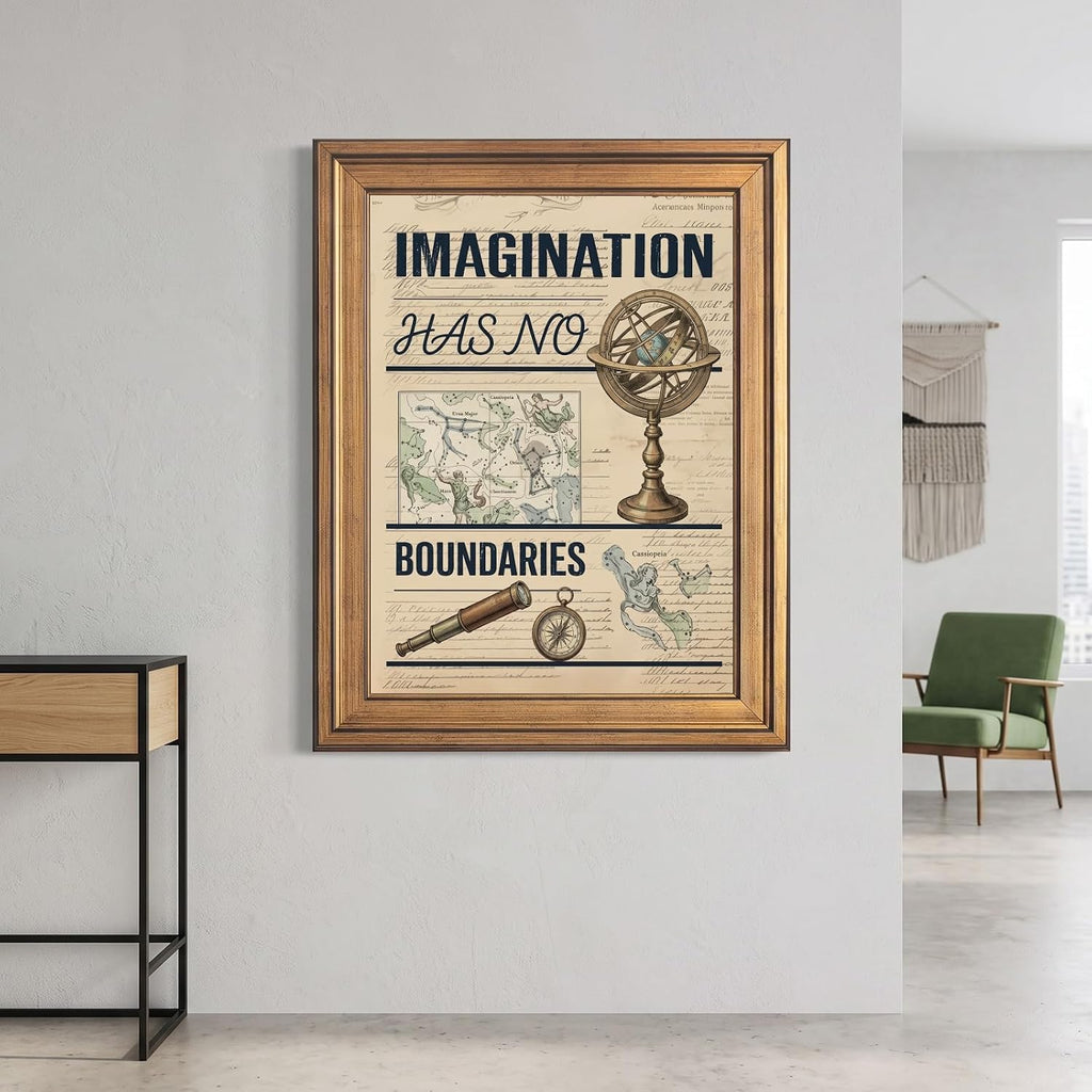 Framed Canvas Wall Art Vintage Celestial Armillary Sphere Cream Parchment Canvas Print Poster Gold Frame Wall Decor