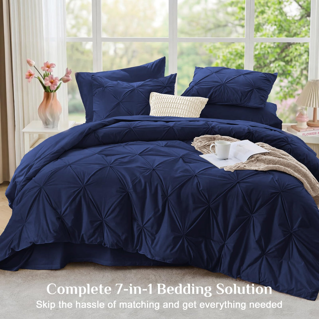 Comforter Set 7 Pieces - Bed in a Bag for All Season, Pintuck Bedding Comforter Sets with