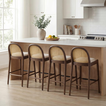 Linen Bar Stools Set of 4, 29 Inches Bar Height Barstools with Rattan Back Walnut Frame, Modern Upholstered Kitchen