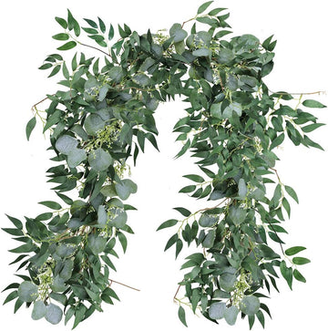 Fake Greenery Garlands Artificial Silver Dollar Eucalyptus Garland in Grey Green and Willow Twigs Garland Intertwined - Set of 2