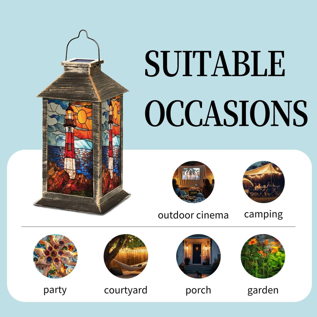 Solar Lantern Coastal Lighthouse Stained Glass Hanging Ornament Outdoor Garden Hanging Lantern Waterproof Solar