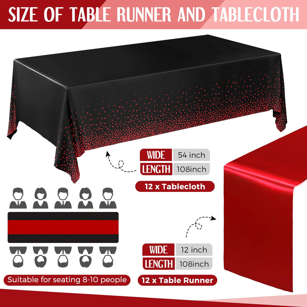 24 Pack Black and Red Tablecloths and Satin Runners Set