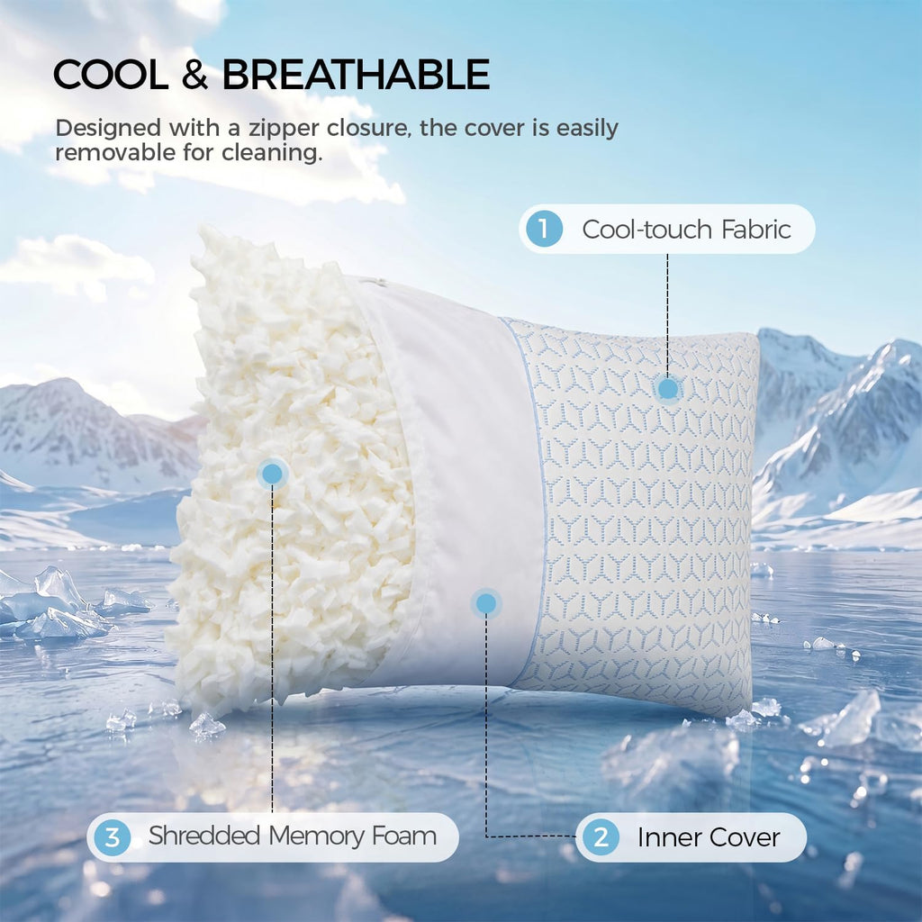 Cooling Pillows King Size Set of 2, Shredded Memory Foam Pillows | CertiPUR-US King Size Pillows Firm and Soft