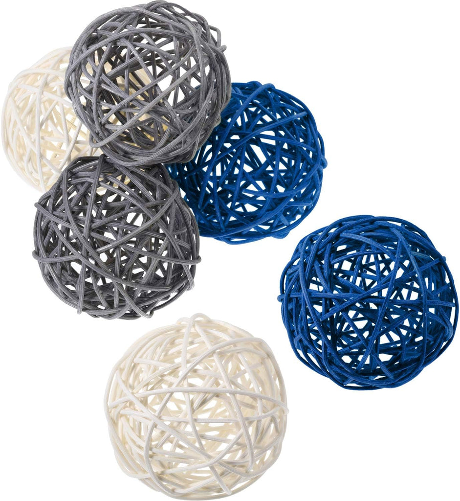 Wicker Rattan Decorative Balls Vase Filler, Blue Gray White - Set of 6