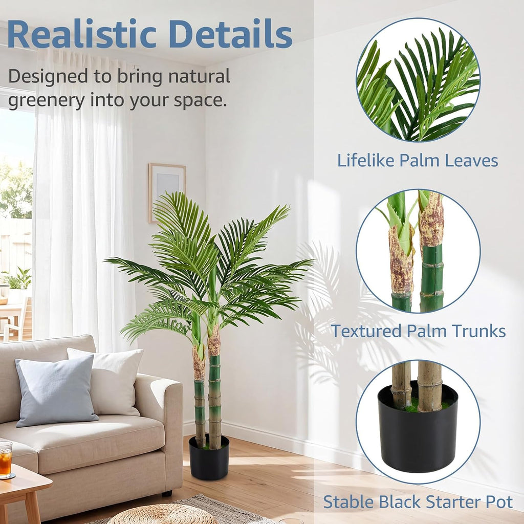 47in Artificial Palm Tree, Realistic Faux Indoor Floor Plant in Pot with Lifelike Leaves Corner, Modern Home Decor