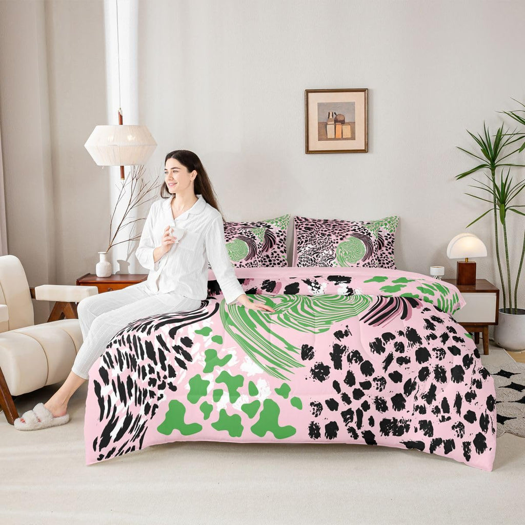 Animal Print Queen Bedding Set Pink Green Black Zebra Leopard Print Comforter Set Girl Women Abstract Swirl 7-Piece