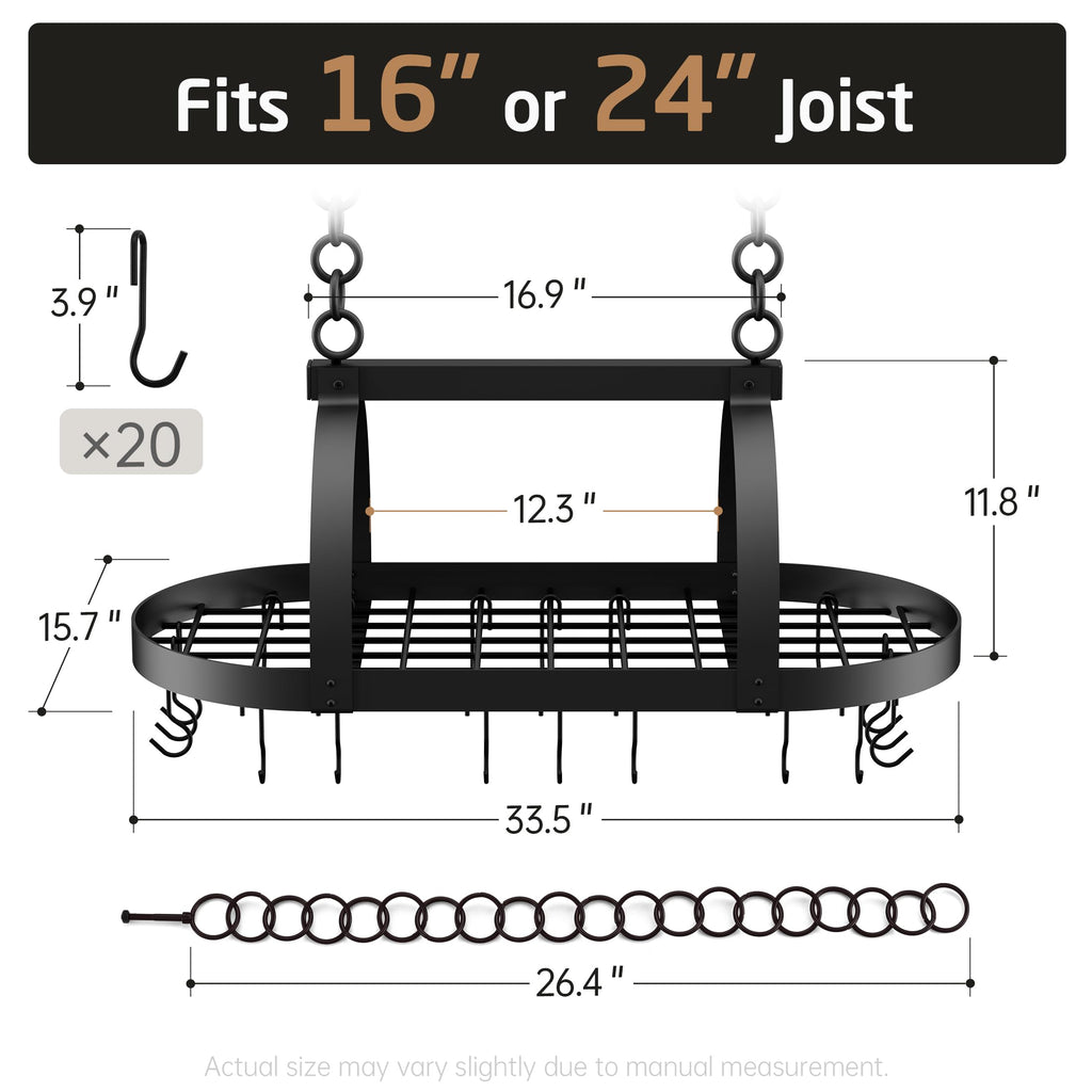 Ceiling Pot Rack 34-Inch Hanging Pot Rack Oval Pot and Pan Rack Matte Black Pot Hanger with 20 S Hooks (For 16"