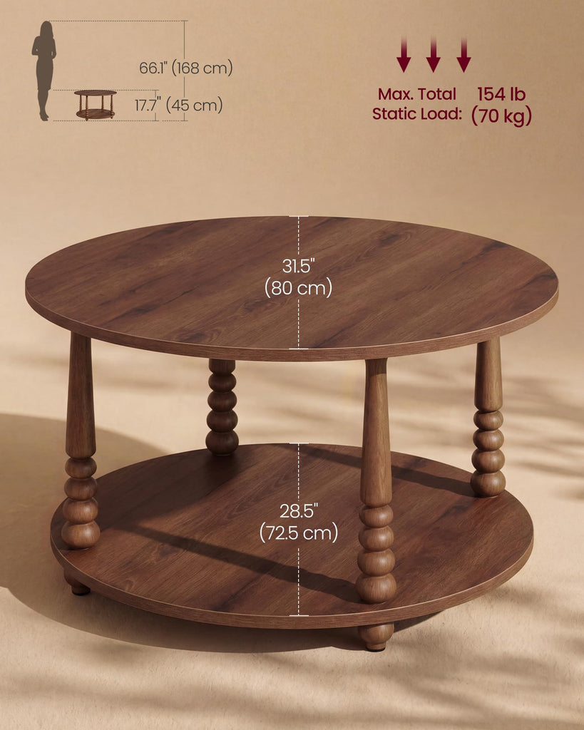 2-Tier Round Coffee Table with Storage, Solid Wood Legs