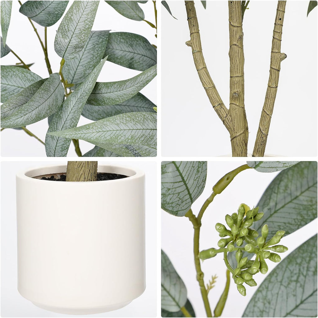 Eucalyptus Trees Artificial Indoor - 3FT Tall Faux Eucalyptus Plants in White Planter, Fake Plant Décor for Farmhouse - Set of 3