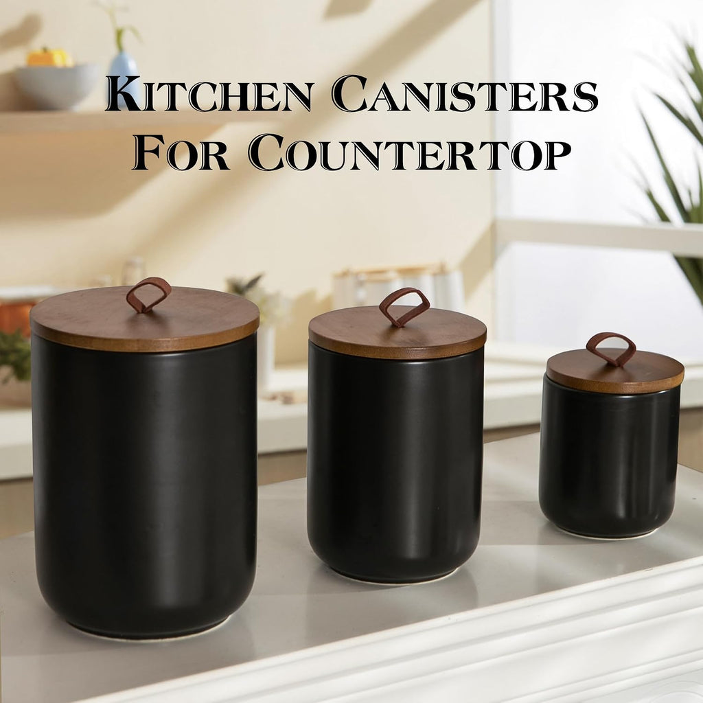 Black Ceramic Canister Set with Wooden Lid, 3-Piece Food Storage Jars Counter, Storage Container for Coffee, Tea - Set of 3