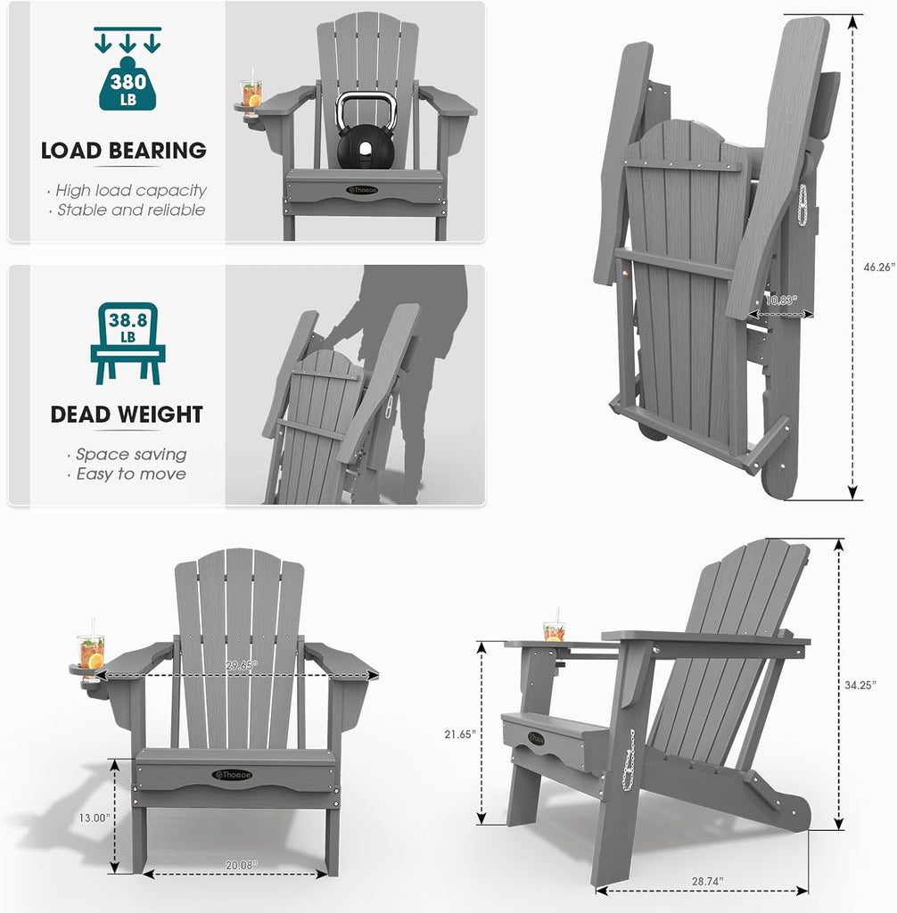 Folding Adirondack Chair, HDPE All-Weather Outdoor Chair | with Cup Holder, Wood Grain, Wide Armrest, Fire Pit Chair