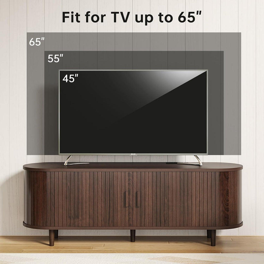 58" Mid Century Modern TV Stand, TV Consoles with Sliding Doors, Wood Entertainment Center with Power Outlet and