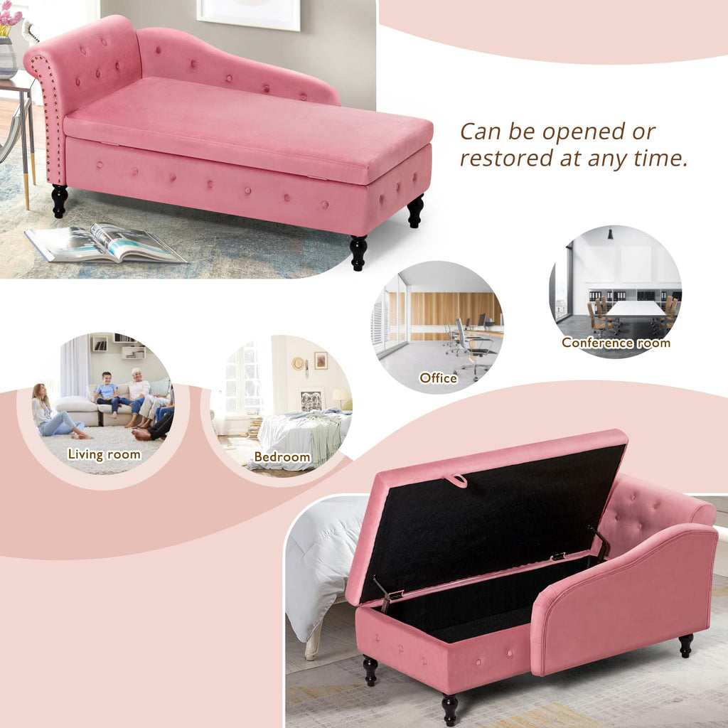 Velvet Chaise Lounge w/Left Armrest & Storage Space, Pink