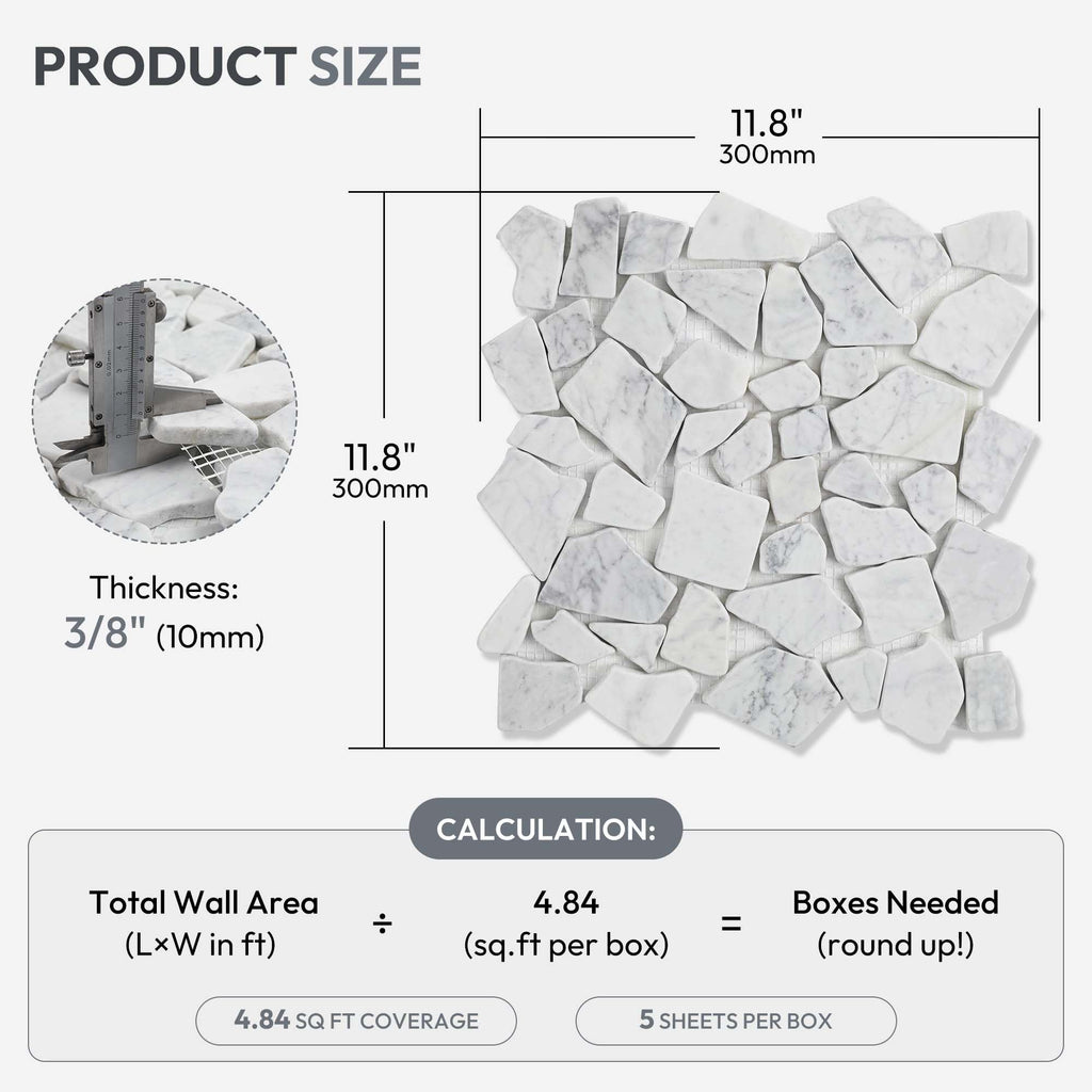 For Shower Floor 12x12 Inch, Carrara White, 5 Sheets