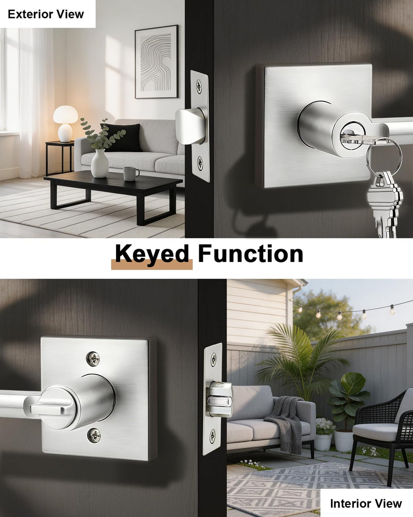 Brushed Nickel Keyed Entry Square Door Handle with Lock, 3 Pack Keyed Alike Heavy Duty Door Lever for Interior