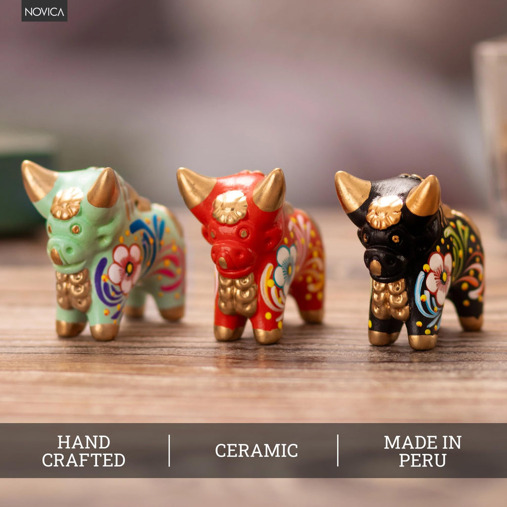 Ceramic Bull Peru | Handmade Multicolor Figurines | Animal Sculpture | Artisan Crafted Bull Figurines | Statuette