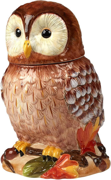 Pine Forest 3-D Owl Cookie Jar with Lid - 60 oz. Ceramic Autumn Storage Canister - Woodland Cabin Kitchen Decor