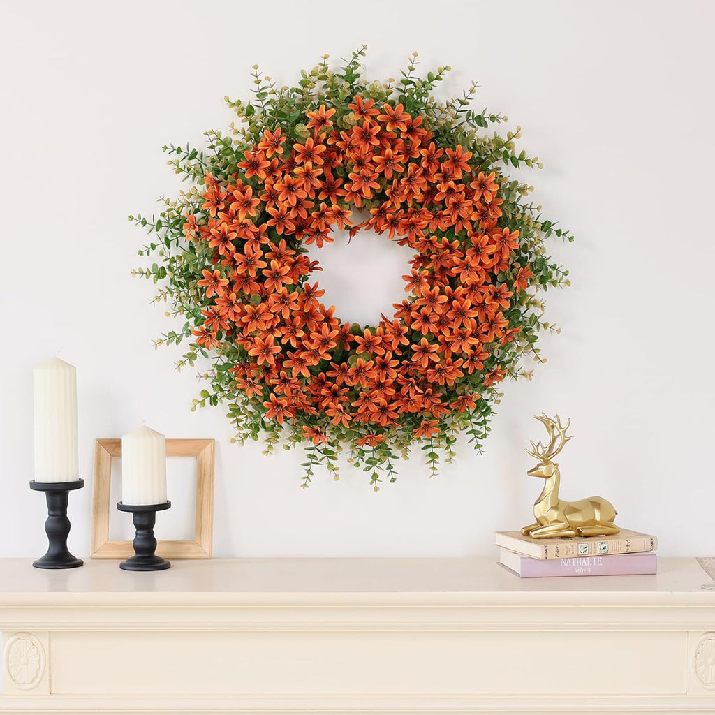 26" Large Artificial Eucalyptus Silk Flower Wreath(Fall Orange)