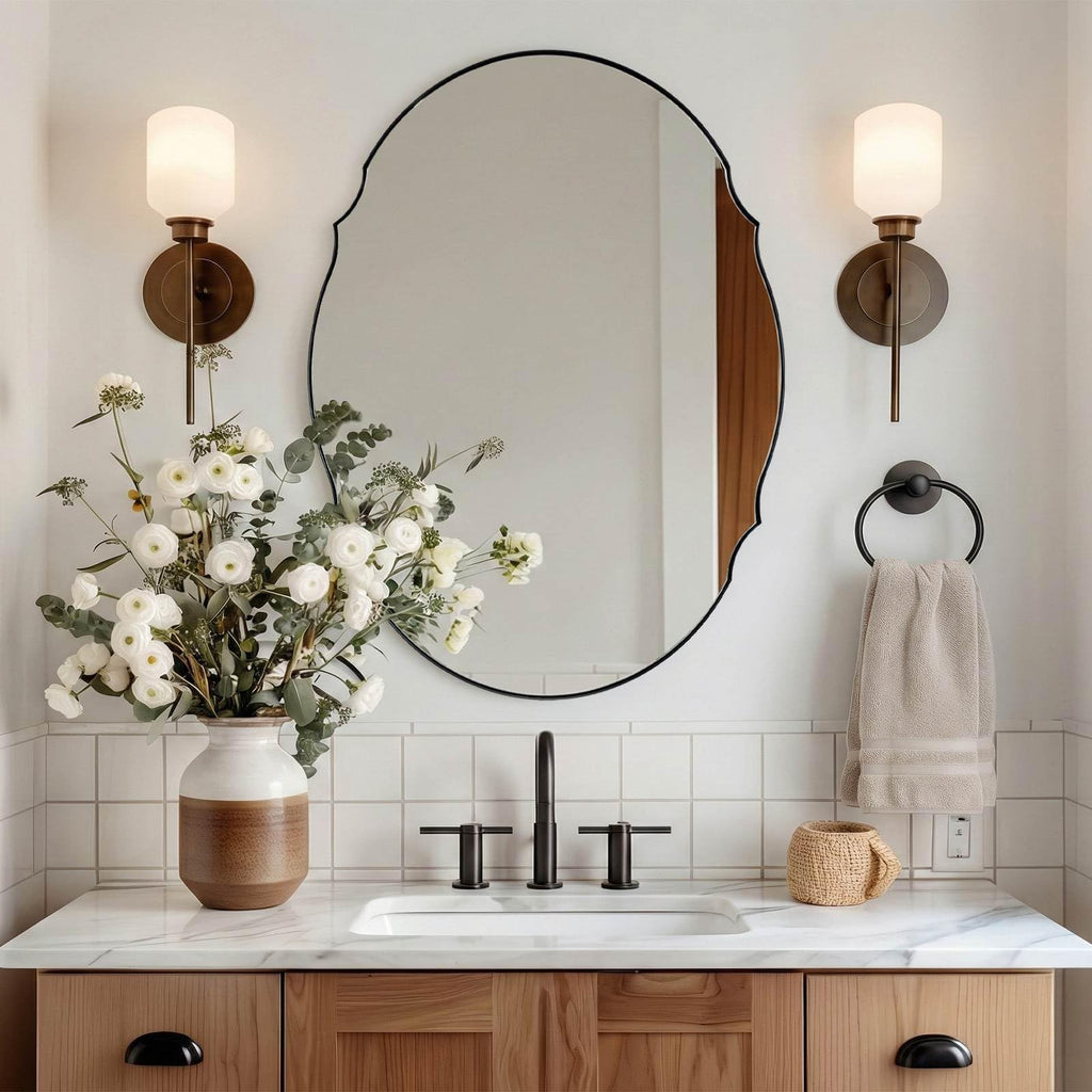 22x30 Matte Black Farmhouse Scalloped Oval Bathroom Vanity Mirror