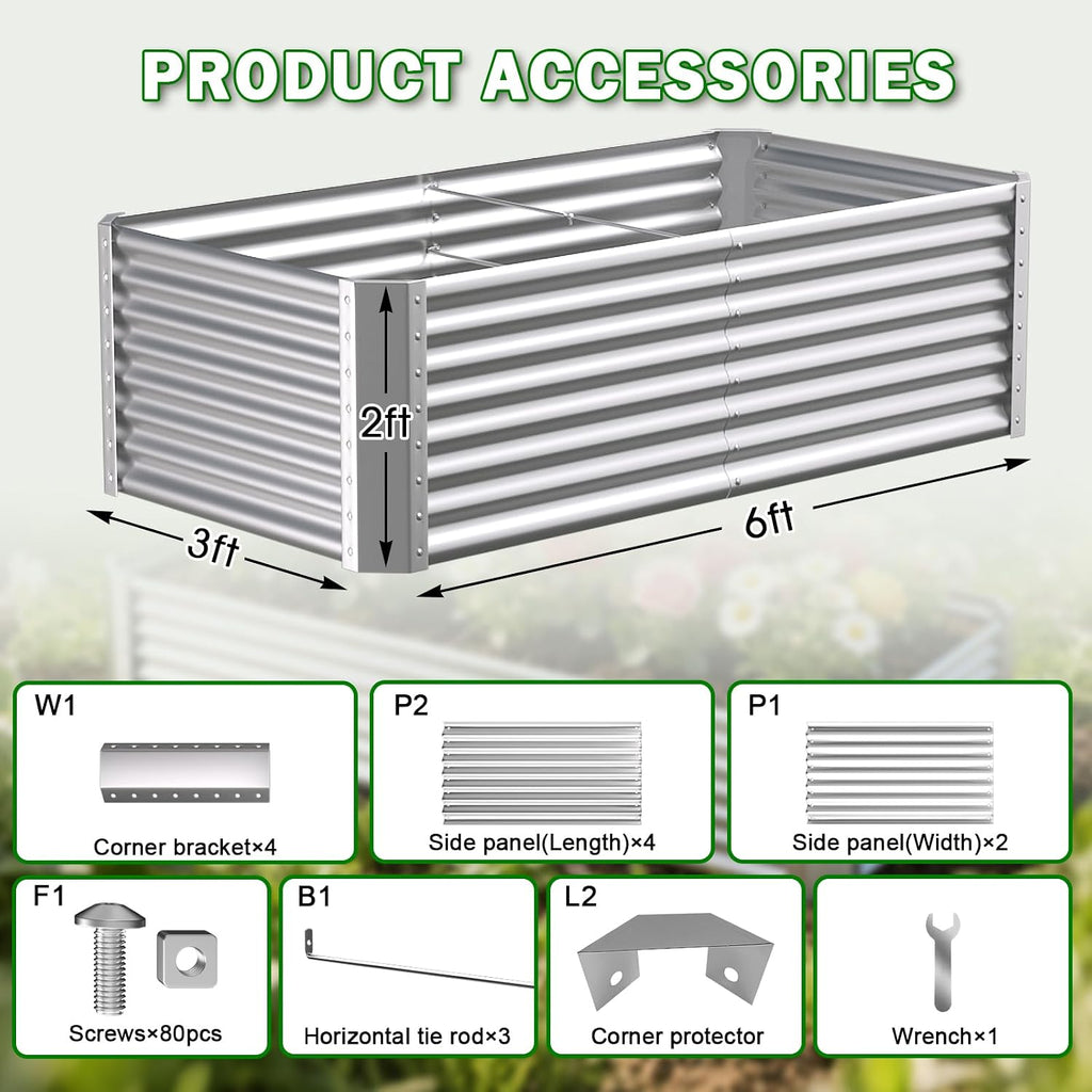 6x3x2ft Raised Garden Bed, Deep Root Planter Box, Silver,1 Pack | 1mm Thick Galvanized Steel, Resists Rust Bowing