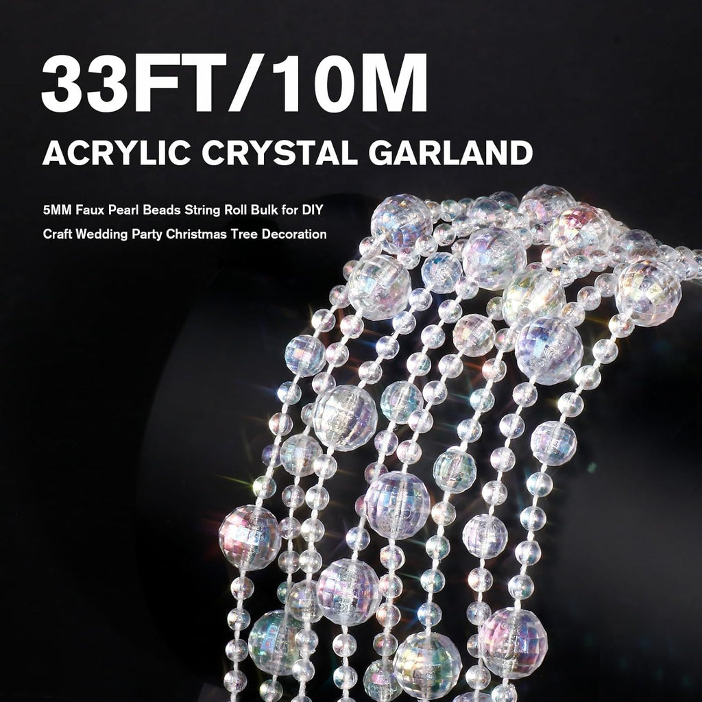 33FT Crystal Bead Garland Iridescent Beaded Garland for Decoration Crafts - 11+7+4MM Diamond-Cut Round Acrylic Beads