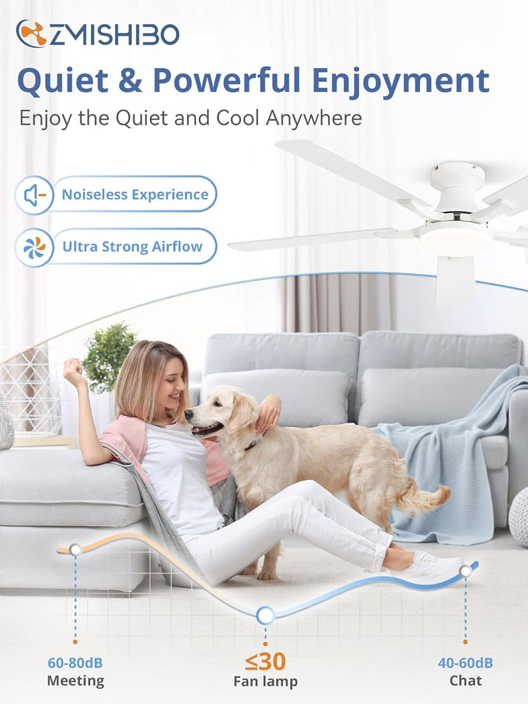52 Inch Ceiling Fan with Light, App&Remote Control, Flush Mount Low Profile, Dimmable 20W LED Light, Quiet Reversible Motor for Bedroom, Living Room, Apartment, White A101-B0DPH9L7M1
