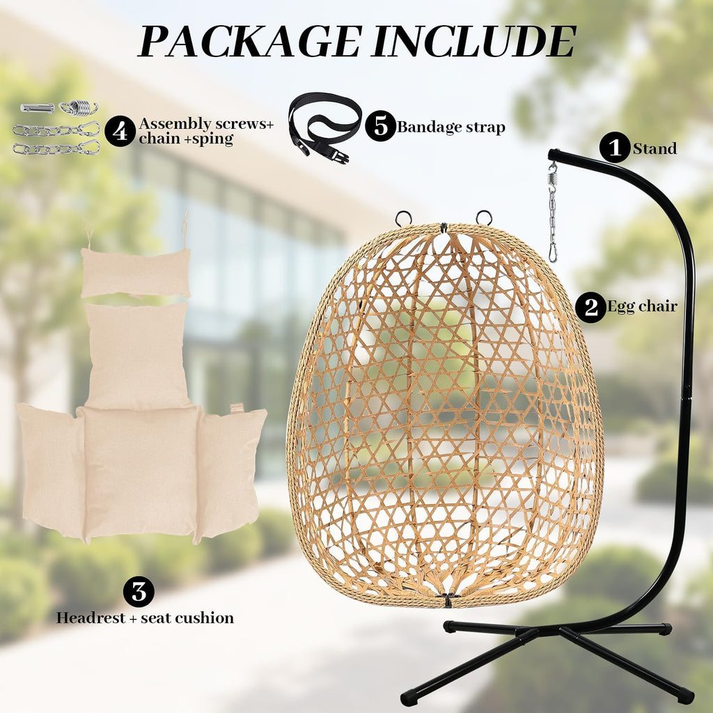 Hanging with Stand, 350LBS Capacity, Cream | HDPE rattan,Sturdy steel stand,Plush cushion,Easy
