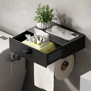 Toilet Paper Holder with Shelf Black Wipes Dispenser Toilet Paper Holder with Storage Upgrade Drawer Design Toilet