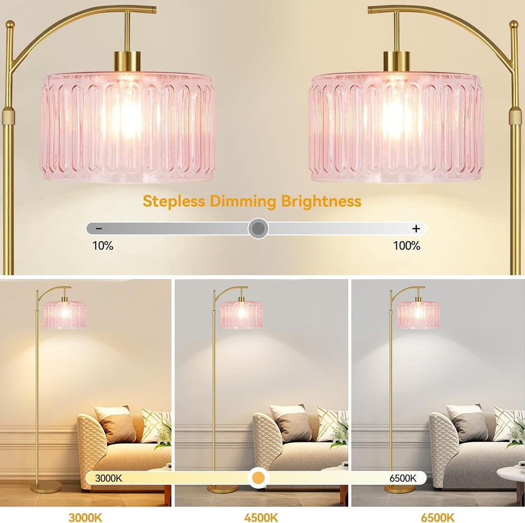 Pink Floor Lamp,Gold Dimmable Standing Lamp with Remote,Mid Century Modern Brass Tall Lamp Boho Floor Lamps Arc