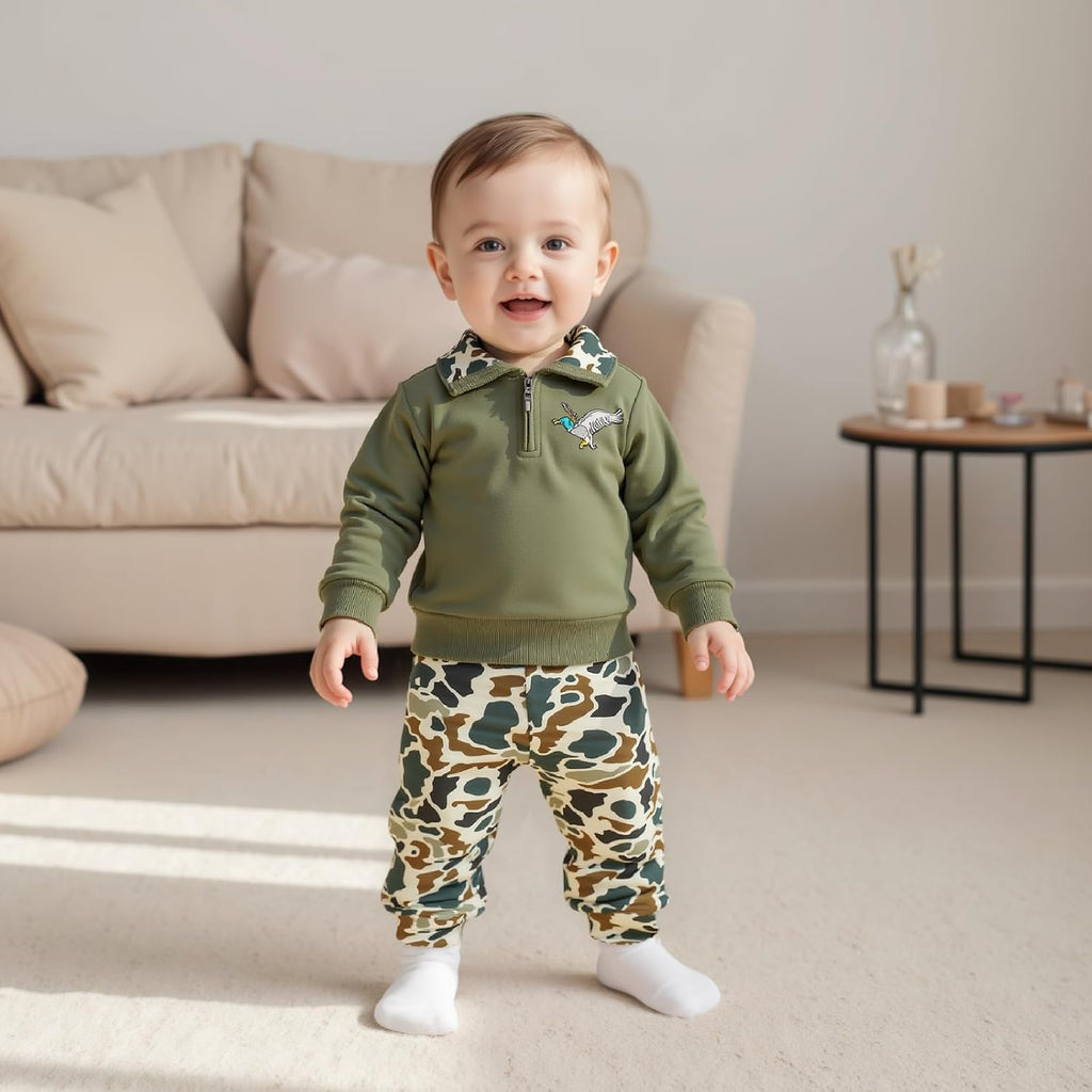 Toddler Baby Boy Hunting Outfits Duck Half Zip Long Sleeve Sweatshirt Tops Pants Set Cute Infant Fall Clothes